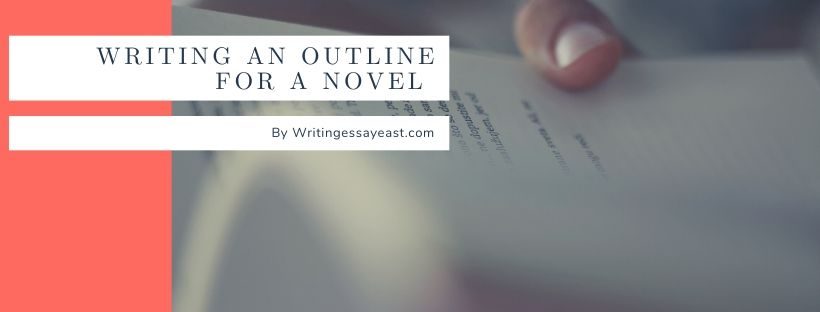 Banner about writing an outline for a novel with a man holding a book in his hands